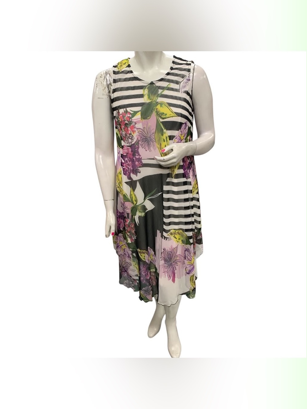 Pink Pineapple Striped Floral Sleeveless Midi Dress - Black, White & Pink